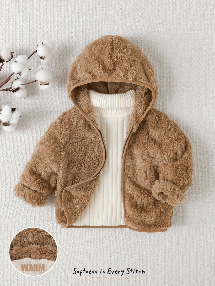 Cozy Pixies 嬰兒女童男童卡通動物豹紋抓絨內裡加厚連帽拉鍊長袖外套夾克,適合冬季 - 卡其色 - 查看 1