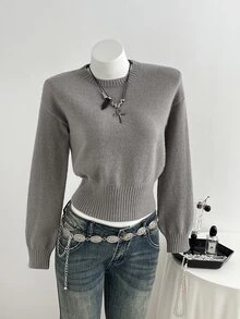 Elamini Women's Grey Casual Versatile Daily Commute Autumn/Winter Crew Neck Pullover Sweater - Grey - View 3