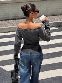 Muchica Off-White 針織露肩修身 T-shirt - 黑色 - 查看 2