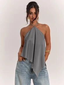 SHEIN BAE 春夏女款休閒度假掛脖露背不對稱下擺黃色純色緞面背心，適合海灘度假、海灘假期、姐妹休閒度假，優雅實用黃色緞面背心 - 深灰色 - 查看 4