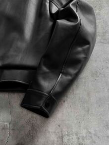 AXEPEAK Men's Solid Color PU Leather Jacket With Lapel Collar And Long Sleeves - Black - View 4