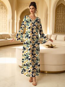 Al Najma 女款優雅V領荷葉袖大裙擺洋裝，舒適優雅，精緻花卉印花圖案，保守風格，聚酯纖維材質，適合居家、外出、度假、派對與聚會，飄逸復古長袖洋裝 - 粉色 - 查看 6