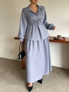 Dazy Plus Solid Color Casual Twist Pullover Shirt & A-Line Long Skirt 2 Pieces Set, Fun Commuter Outfit Fall - Blue - View 6