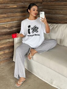 Dazy Plus 卡通印花寬鬆上衣與長褲兩件式睡衣套裝，適合春夏秋季 - 白色 - 查看 4