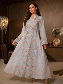 Al Najma Exquisite Embroidered & Printed Loose Fit Flared Women's Turkish Long Shirt & Arabic Traditional Long Shirt - Blue - View 3