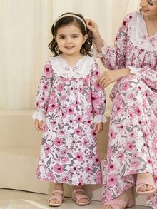 SHEIN LMoss Kids 少女寬鬆休閒蕾絲拼接碎花居家服 - 粉色 - 查看 4