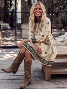 LanaWest Women's Khaki Print Long Sleeve Short Dress - Khaki - View 1