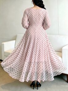 Modelyn Spring/Autumn Polka Dot Cinched Cinched Waist Elegant Fashionable Flared Long Dress - Multicolor - View 2