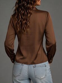 SHEIN Women's Elegant Brown Lace Long Sleeve Blouse - Coffee Brown - View 2