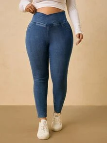 SHEIN Tall CURVE 大尺碼休閒水洗重疊腰頭修身牛仔褲 - 藍色 - 查看 4