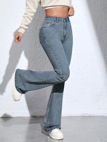 SHEIN ICON 休閒水洗喇叭褲牛仔褲 - 霧霾藍 - 查看 7