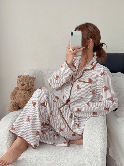 Napfluff Women's Cute Contrast Color Lapel Striped Bear Print Long Sleeve Loose Comfortable Pajama Set 2pcs