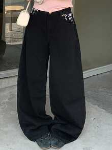 Dazy Plus Loose Floral Embroidered Casual Long Curved Leg Jeans For Girls, Versatile Denim Pants - Black - View 9