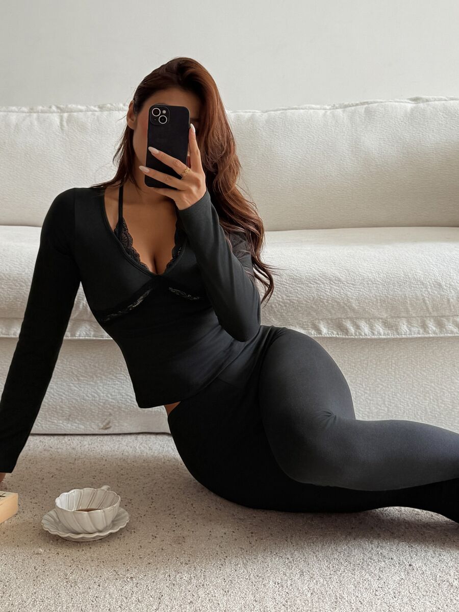DAZY Women's Comfortable Lace Patchwork Long Sleeve Top And Fitted Long Pants Pajama Set - Black - View 1