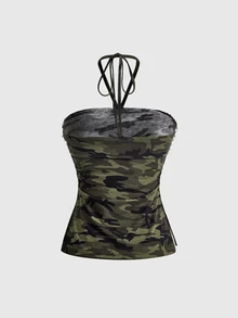 ROMWE Y2K Women's Street Punk Studded Bandeau Top With Split Hem - Army Green - View 2