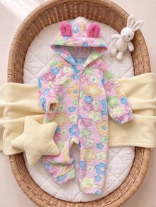 SHEIN Baby Girl Toddler Fuzzy Jumpsuit Cute Funny Pink Colorful 3D Ears Floral Long Sleeve Hooded Thick Birthday Winter Halloween Autumn Zipper - Multicolor - View 6