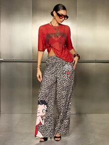 Betty Boop x SHEIN Women's Leopard Print Cartoon Wide Leg Long Pants - Brown - View 5