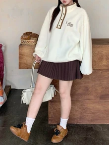 Dazy Plus Contrast Trim Letter Embroidery Loose Fleece Thickened Autumn/Winter Sweatshirt - Apricot - View 7
