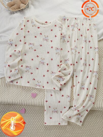 1 Set Teen Girls Home Wear Set White Flannel Striped Teddy Bear Red Bow Full Print Long Sleeve Long Pants SoftFleece-Lined And Thickened Autumn/Winter