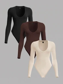 SHEIN BASICS 大尺碼休閒百搭純色長袖緊身連身衣 - 黑色 - 查看 6