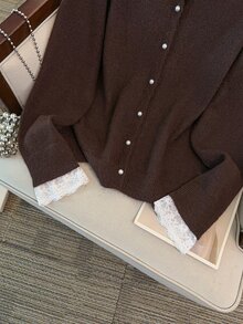 GlowEve CURVE Women's Autumn New Single Piece Round Neck Lace Trim Patchwork Pearl Button Sweet Date Fashion Versatile Knit Daily Commute Lady Loose Short Knit Cardigan Plus Size Top - Coffee Brown - View 8