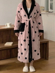 Dazy Plus Plus Size Thermal Lined Thick Plush Polka Dot Elegant Tie Pink Autumn/Winter New Style Robe - Pink - View 4