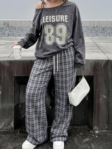 Dazy Plus Letter Print Loose Asymmetrical Cold Shoulder Casual Sexy Top For Girls, Spring Summer Autumn T-Shirt - Grey - View 2