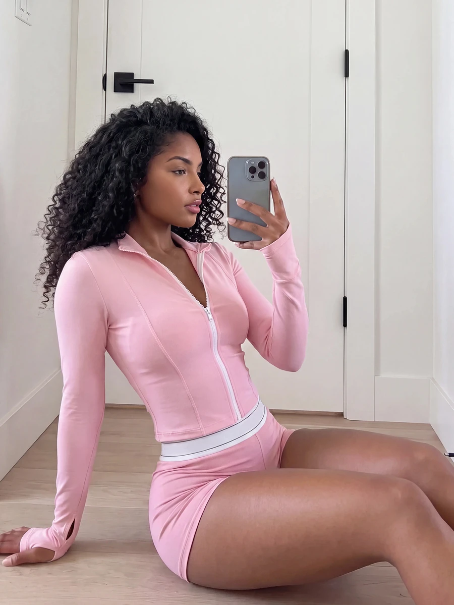 SHEIN Core Rhythm Women's Solid Color Zipper Front Sports Jacket - Baby Pink - View 1