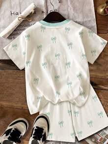 女童休閒簡約可愛刺繡紋理卡通小貓圖案，綠色蝴蝶結波點短袖短褲兩件套，適合夏季，圖案、卡哇伊、Y2K、舒適，女童套裝，小貓 - 彩色 - 查看 4