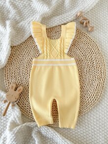 SHEIN Baby Girls Yellow Strap Knit Romper, Fashion Cute Long Pants Jumpsuit, Soft Fall Winter, Toddler Clothes Christmas Halloween Daily Travel Wear - Light Yellow - View 6