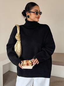 Dazy Plus Solid Color Casual Versatile Loose High Neck Autumn/Winter Long Sleeve Pullover Sweater - Black - View 6