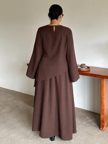 Dazy Plus Solid Color Round Neck Long Sleeve Asymmetric Tie Top & Long Loose Brown Skirt 2pcs Set, Spring/Autumn Lounge Sets For Women - Rust Brown - View 6
