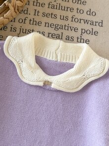 Young Girl Autumn/Winter Casual Colorblock Patchwork Collar Sweater - Mauve Purple - View 3