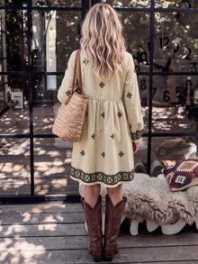 LanaWest Women's Khaki Print Long Sleeve Short Dress - Khaki - View 2