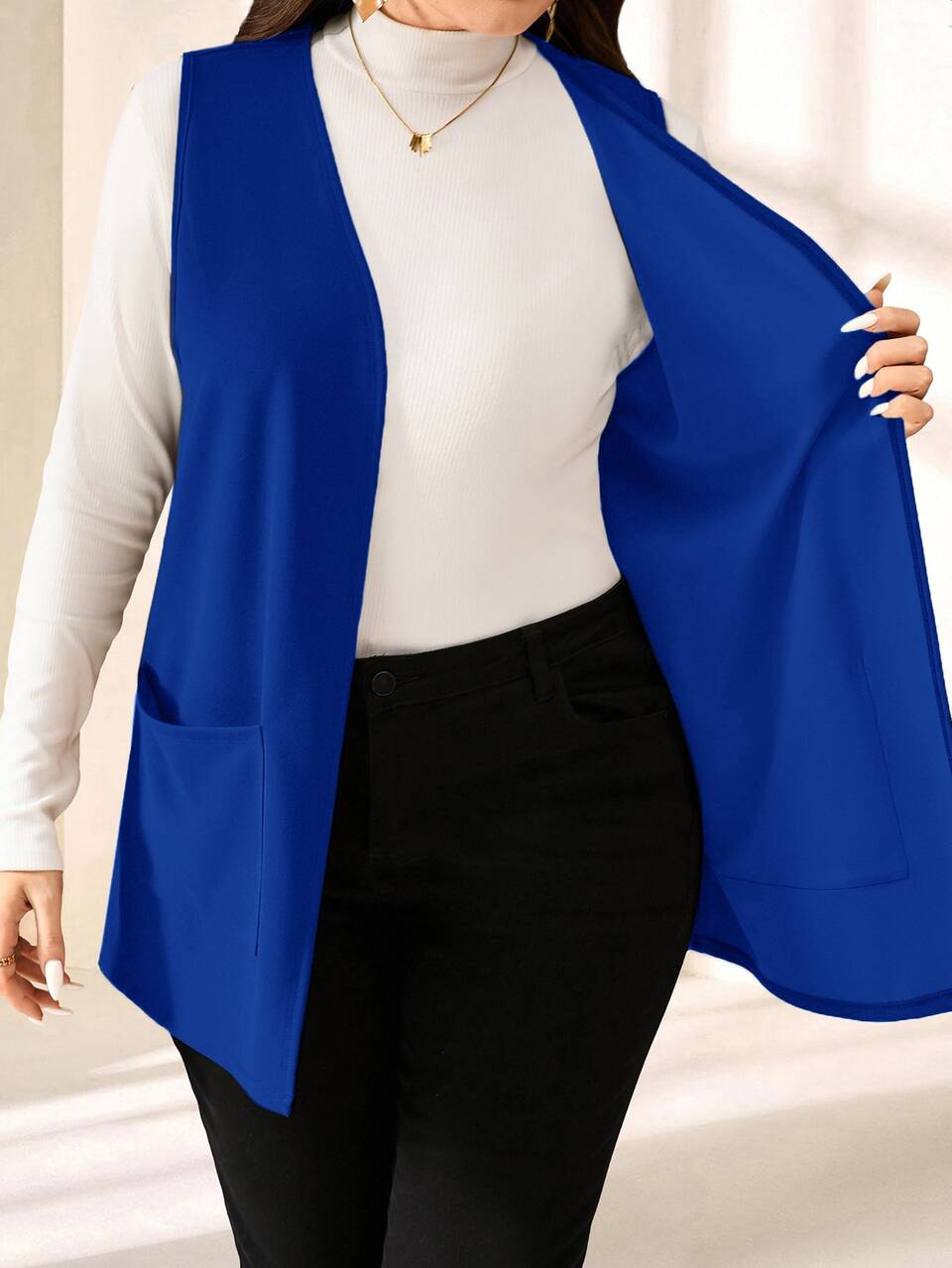 Plus Size Solid Color Sleeveless Loose Pocket Simple Casual Outfits Woman /Vacation In Fall/Winter