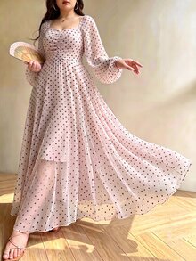 Modelyn Spring/Autumn Polka Dot Cinched Cinched Waist Elegant Fashionable Flared Long Dress - Multicolor - View 7