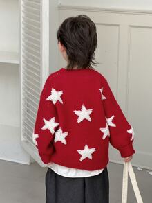 Dazy Kids Young Boy Star Loose Crew Neck Pullover Casual Long Sleeve Autumn/Winter Sweater - Red - View 7
