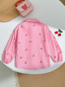SHEIN 少女可愛時尚休閒百搭翻領條紋水果圖案落肩寬鬆長袖襯衫，學院風，返校季 - 淺粉色 - 查看 2