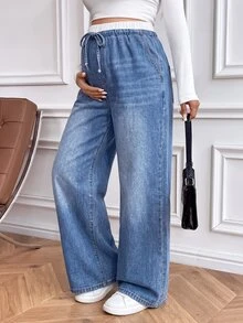 SHEIN Maternity Drawstring Waist Contrast Pocket Denim Jeans Cowgirl Outfit For Women Country Office Outfits For Women - Blue - View 6