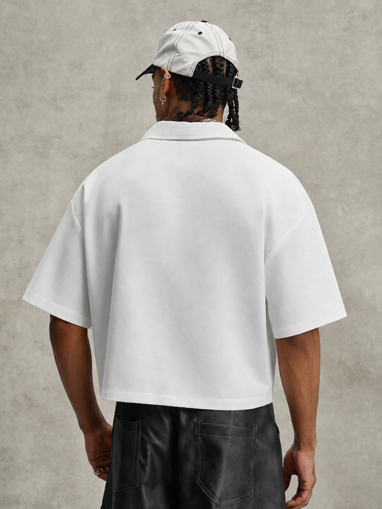 PAVTROS Men's White Cropped Short Sleeve Shirt, Dual Pocket Loose Casual Streetwear Top - White - View 2