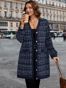 SHEIN Clasi Plus Size Casual Plaid Jacket, Autumn Fall - Navy Blue - View 6