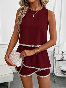 SHEIN Clasi 大尺碼刺繡復古背心與裙褲兩件套 - 酒紅色 - 查看 5