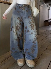 DAZY Women's Casual Vintage Streetwear Daily Everyday Day Time Denim Jeans With Pocket, Button And Floral Pattern Cute Tops Blue Floral Summer - Blue - View 3