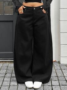 Dazy Plus Loose Fit Solid Color Street Casual Curved Leg Long Jeans With Rivet Design, Spring/Autumn/Winter - Black - View 2