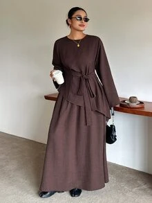 Dazy Plus Solid Color Round Neck Long Sleeve Asymmetric Tie Top & Long Loose Brown Skirt 2pcs Set, Spring/Autumn Lounge Sets For Women - Rust Brown - View 3