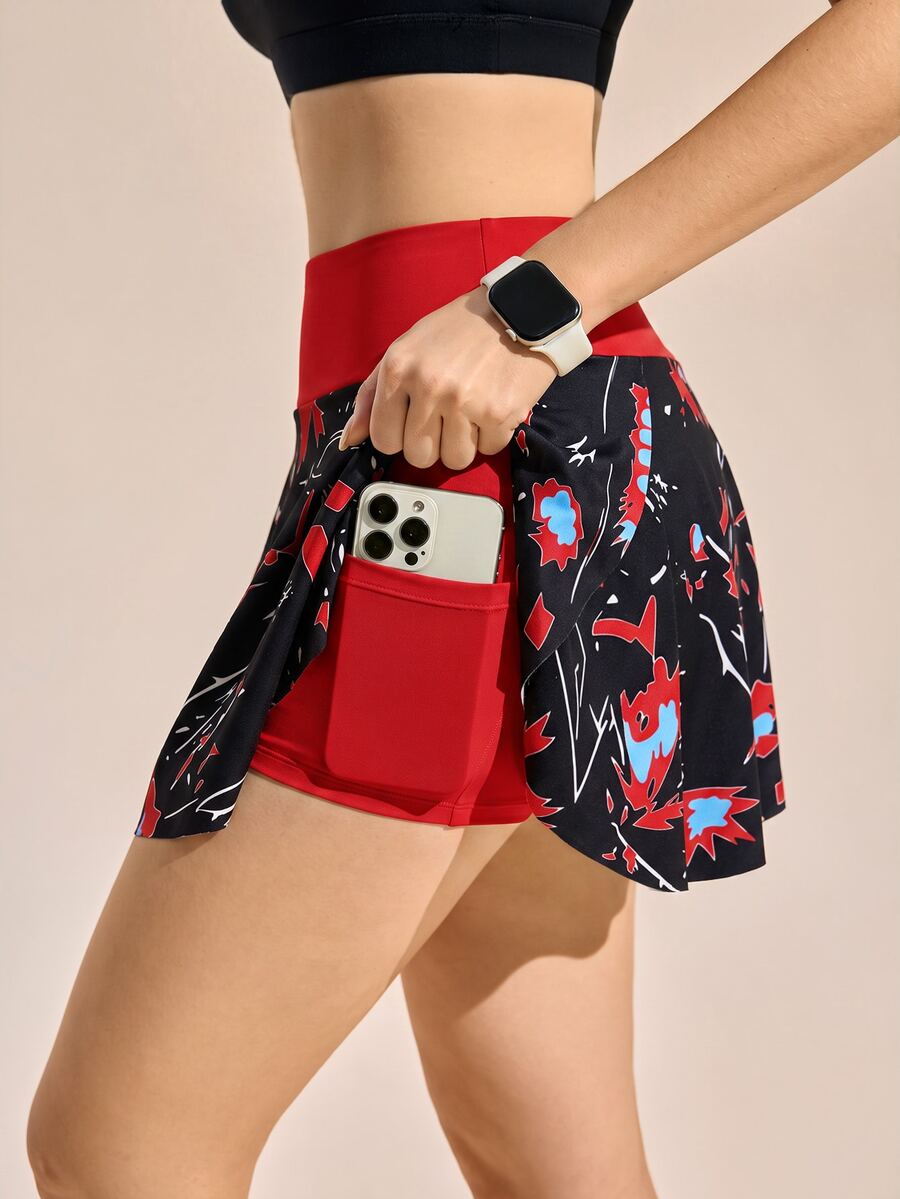 Exploreva Colorblock Print High Waist Sports Skort - Multicolor - View 1