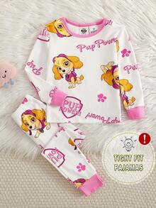 SHEIN | PAW Patrol 聯名 IP 主題幼女幼童全印花對比領設計修身高彈力面料長袖長褲兩件式居家服套裝 - 粉色 - 查看 1