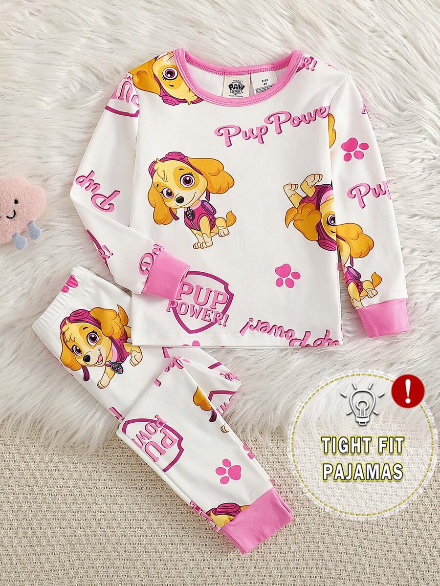 SHEIN | PAW Patrol 聯名 IP 主題幼女幼童全印花對比領設計修身高彈力面料長袖長褲兩件式居家服套裝 - 粉色 - 查看 1