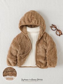 Cozy Pixies 嬰兒女童男童卡通動物豹紋抓絨內裡加厚連帽拉鍊長袖外套夾克，適合冬季 - 卡其色 - 查看 8