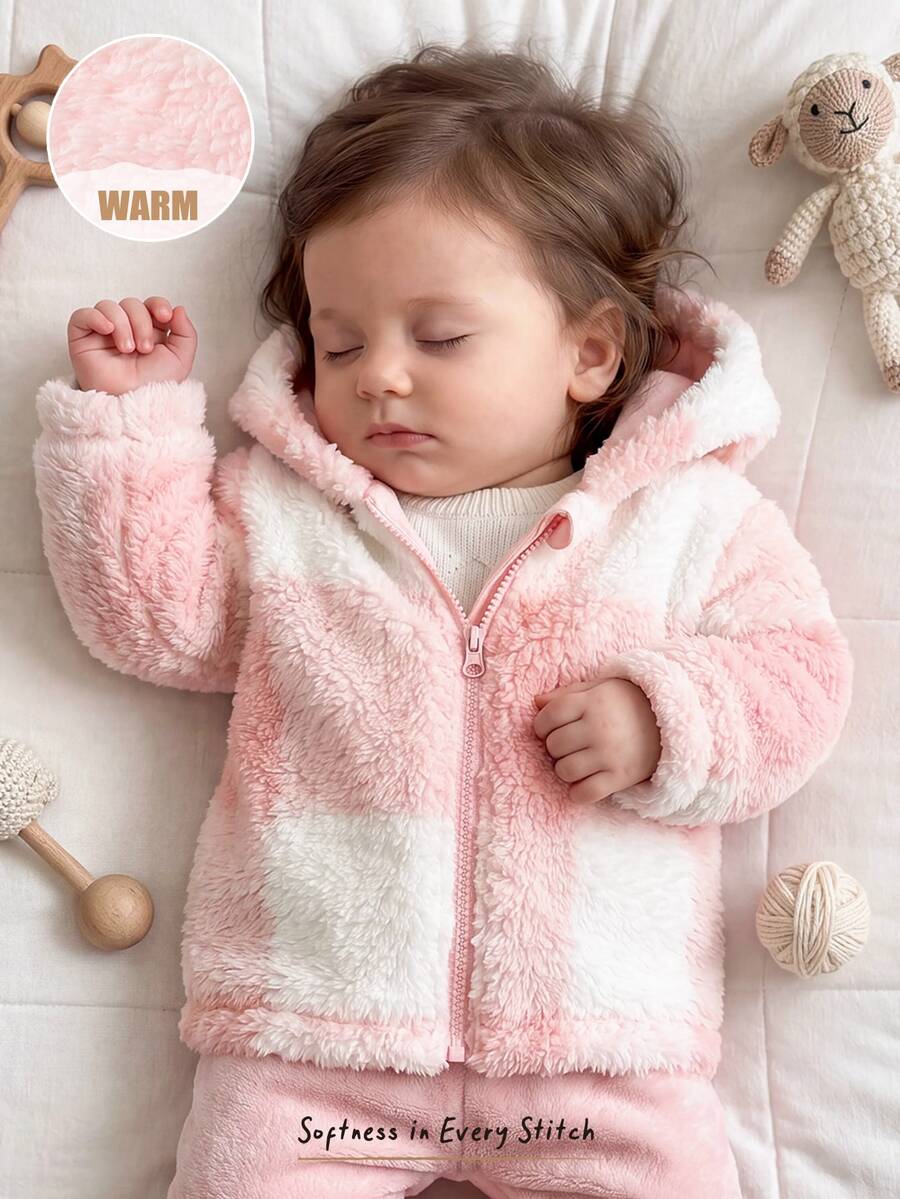 Cozy Pixies 新生女嬰格紋圖案保暖內裡加厚連帽長袖前開襟外套 - 粉色 - 查看 1